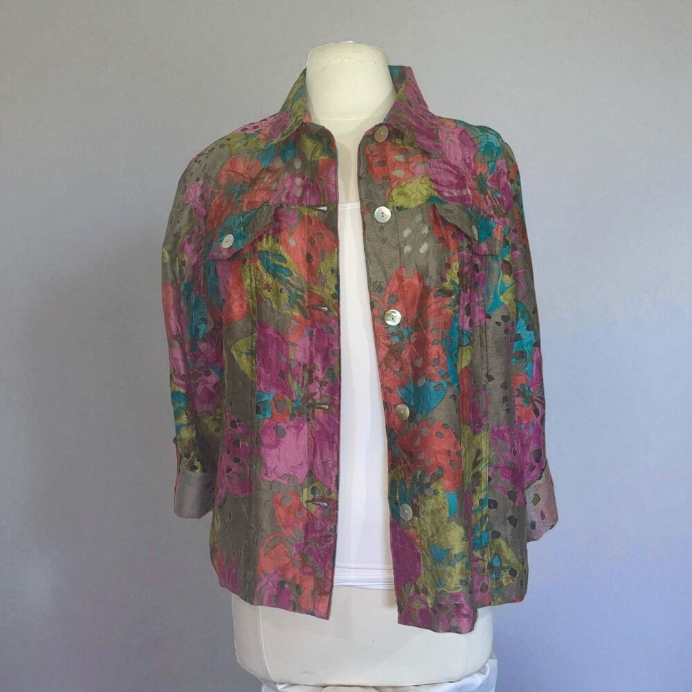 Ruby Rd. Favorites Sheer Bold Jewel Tones Roll Tab Sleeves Cropped Layer Sz 18